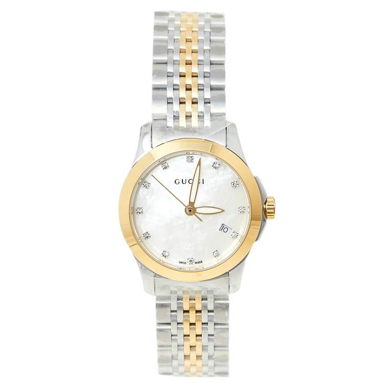 Gucci G Timeless Diamonds Mother of Pearl Dial Two Tone Mesh Bracelet Watch for Women - YA126513