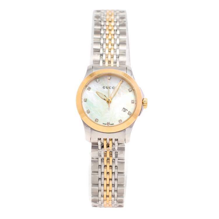 Gucci G Timeless Diamonds Mother of Pearl Dial Two Tone Mesh Bracelet Watch for Women - YA126513