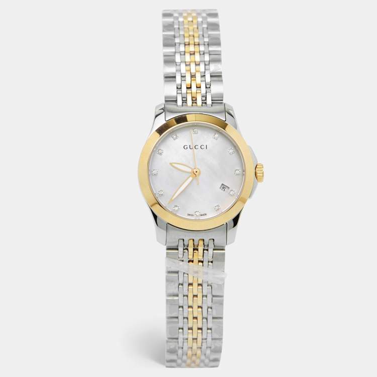 Gucci G Timeless Diamonds Mother of Pearl Dial Two Tone Mesh Bracelet Watch for Women - YA126513