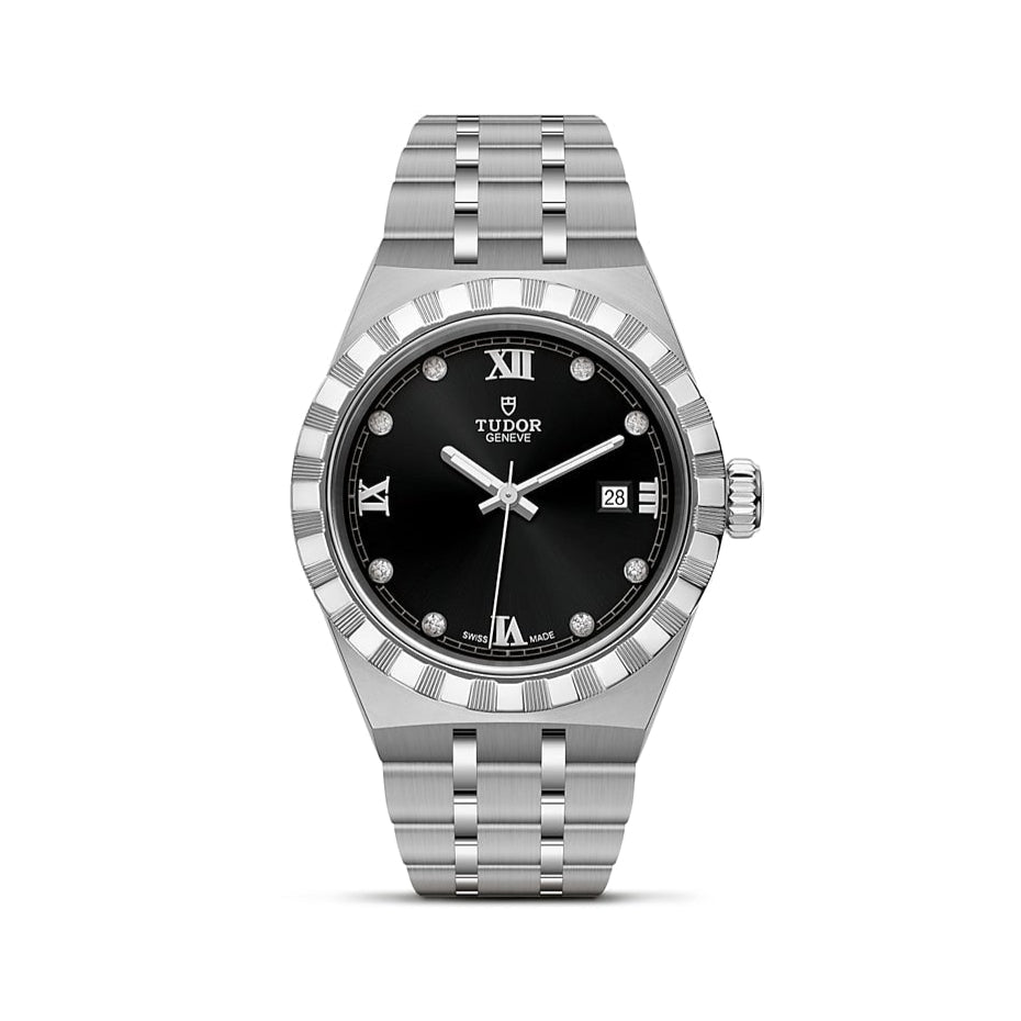 Tudor Royal Automatic Diamonds Black Dial Silver Steel Strap Watch for Men - M28600-0004