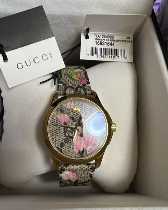 Gucci G Timeless Floral Brown Dial Brown Leather Strap Watch For Women - YA1264038
