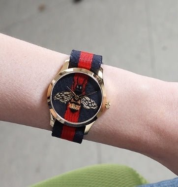 Gucci G Timeless Bee Red & Blue Dial Red Two Tone Nylon Strap Watch For Men - YA1264061