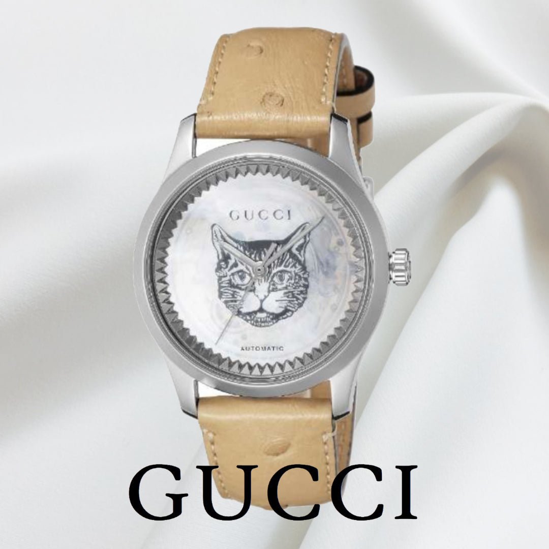 Gucci G Timeless Automatic Mother of Pearl Dial Brown Leather Strap Watch For Women - YA1264112