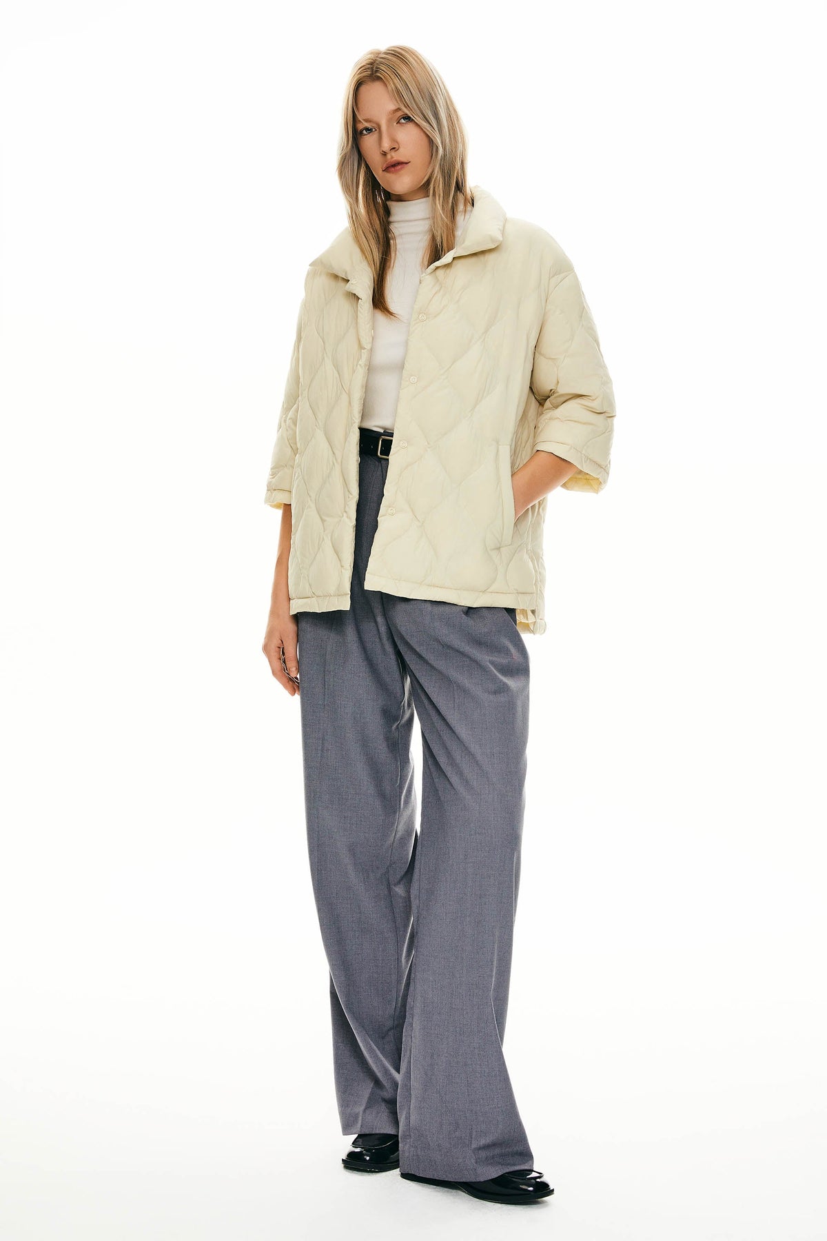 Down Puffer Jacket Three-quarter Sleeves Lightweight Oversized