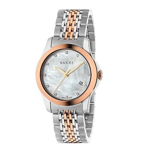 Gucci G Timeless Diamonds Mother of Pearl Dial Two Tone Mesh Bracelet Watch For Women - YA126514