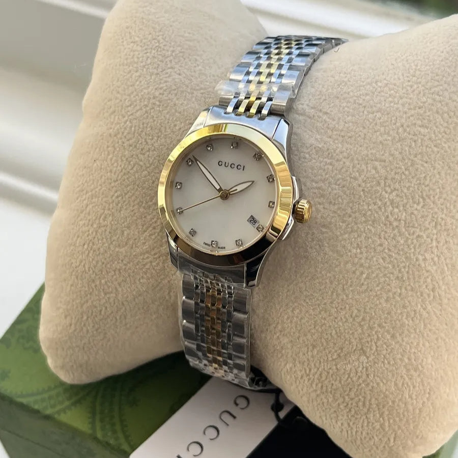 Gucci G Timeless Diamonds Mother of Pearl Dial Two Tone Mesh Bracelet Watch for Women - YA126513