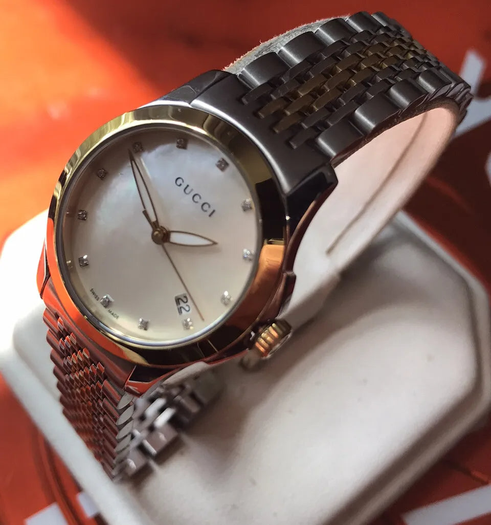 Gucci G Timeless Diamonds Mother of Pearl Dial Two Tone Mesh Bracelet Watch for Women - YA126513
