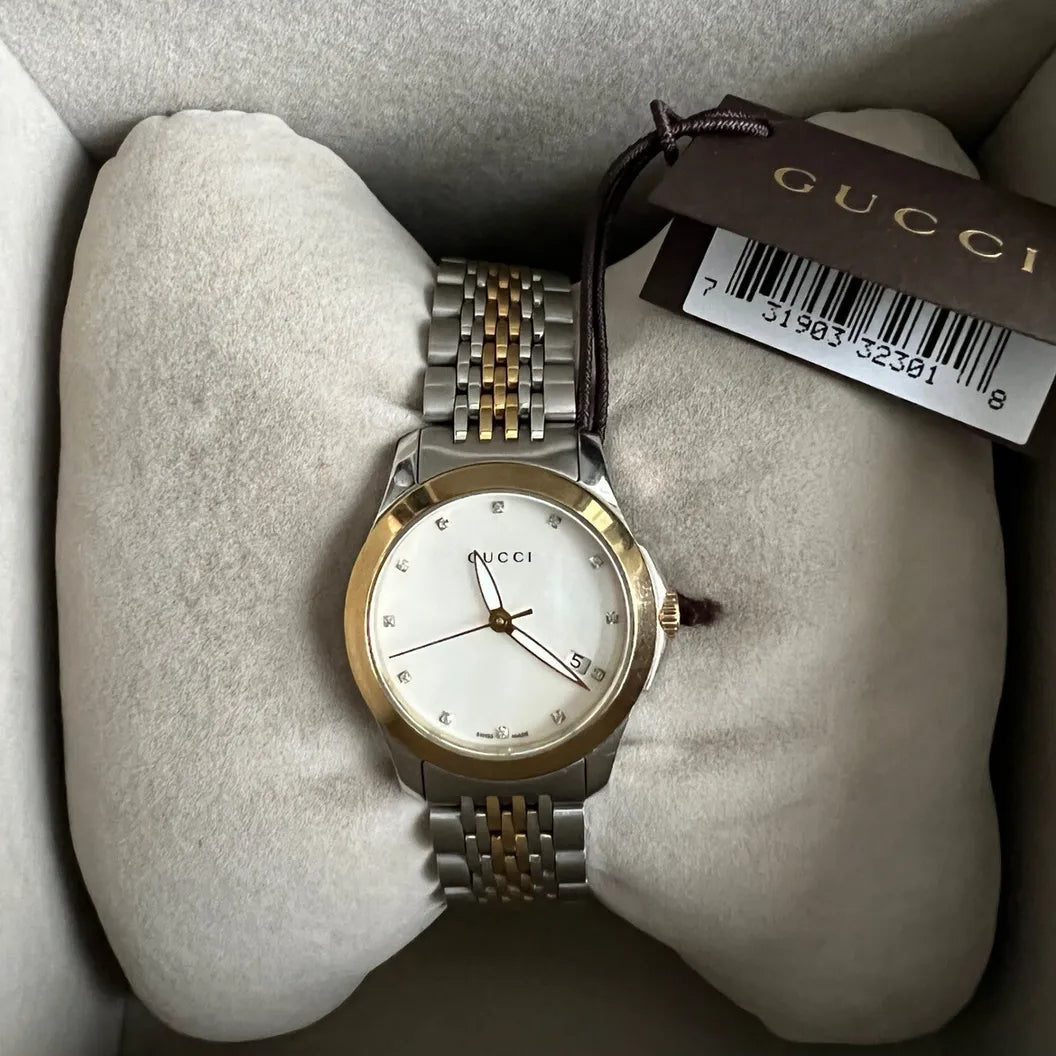 Gucci G Timeless Diamonds Mother of Pearl Dial Two Tone Mesh Bracelet Watch for Women - YA126513