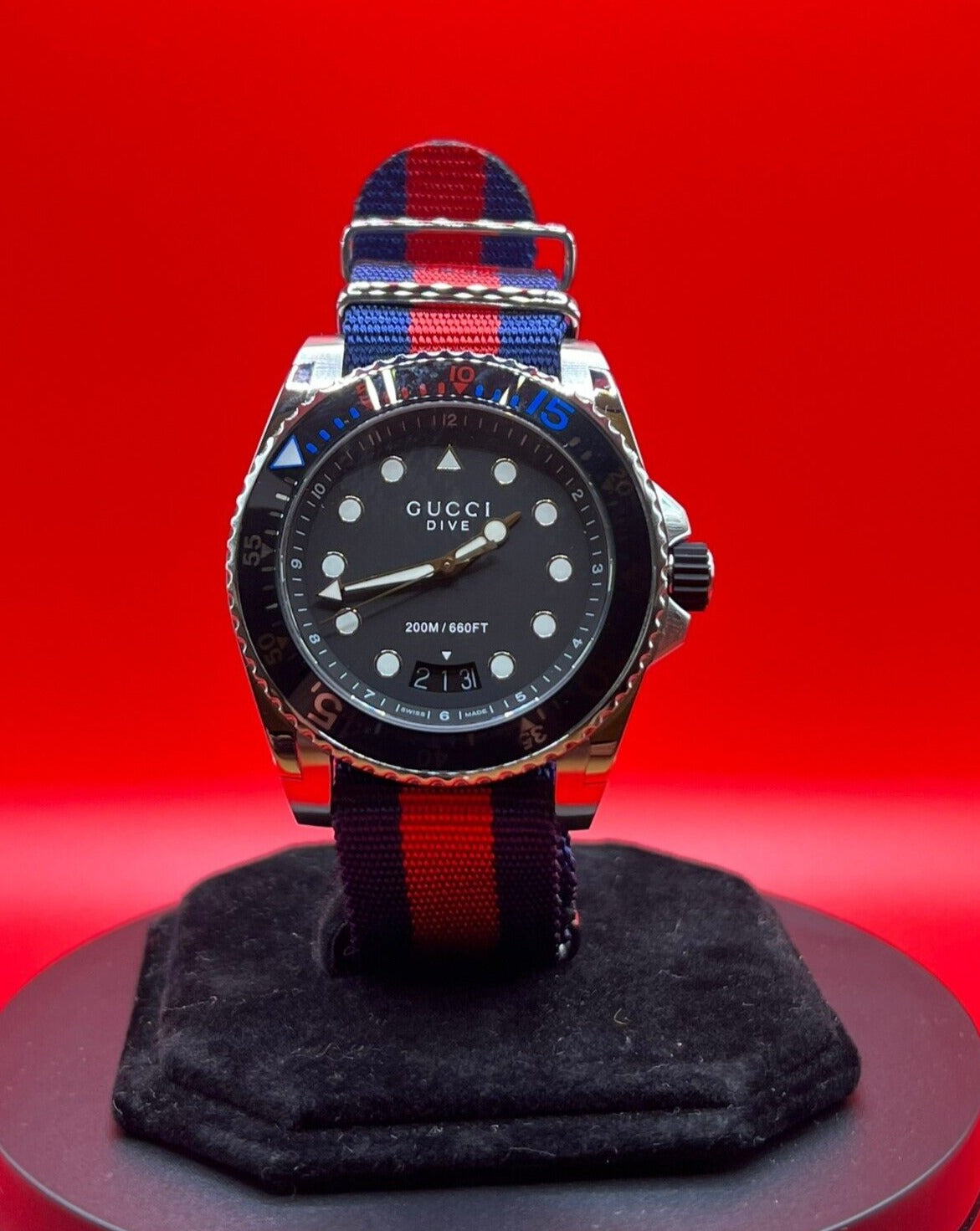 Gucci Dive Black Dial Red & Blue Nylon Strap Watch For Men - YA136210