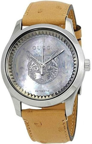 Gucci G Timeless Automatic Mother of Pearl Dial Brown Leather Strap Watch For Women - YA1264112