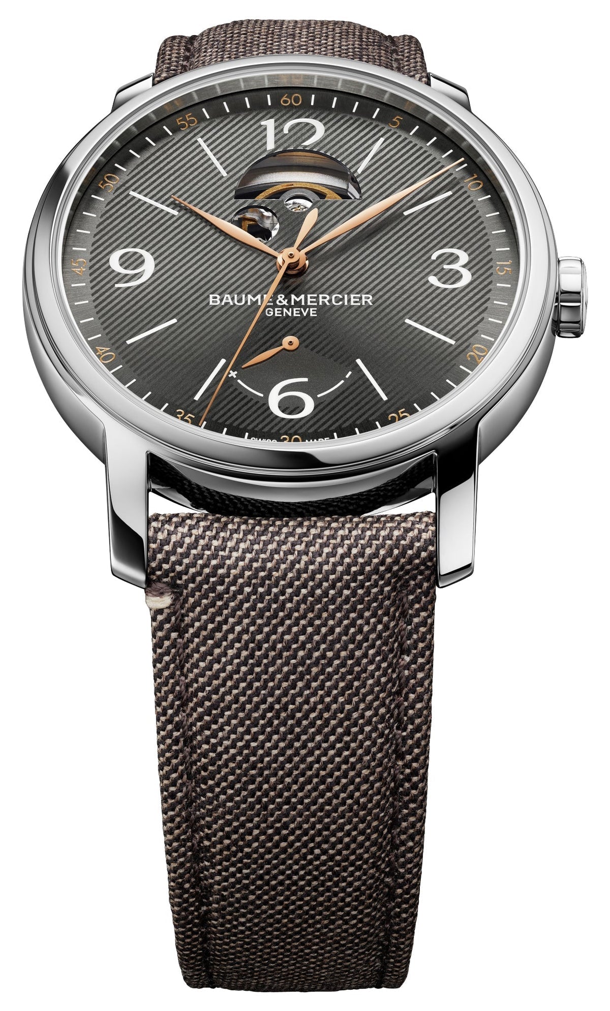 Special Edition Baume & Mercier Classima Power Reserve Automatic Stainless Steel Gray Dial Brown Fabric Interchangeable Black Leather Strap Mens Watch M0A10718