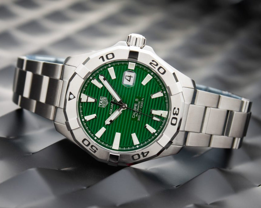 Tag Heuer Aquaracer Calibre 5 Automatic Green Dial Silver Steel Strap Watch for Men - WAY2015.BA0927