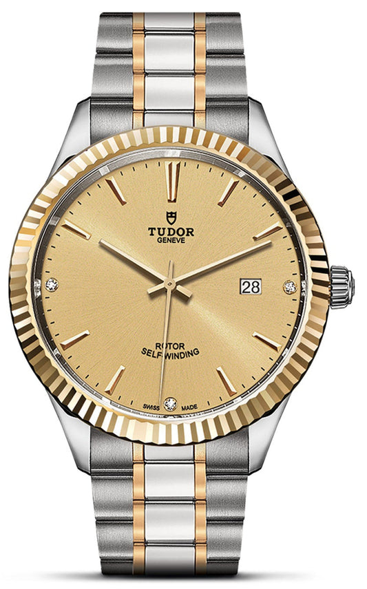 Tudor Style Automatic Diamonds Gold Dial Two Tone Steel Strap Watch for Men - M12713-0007