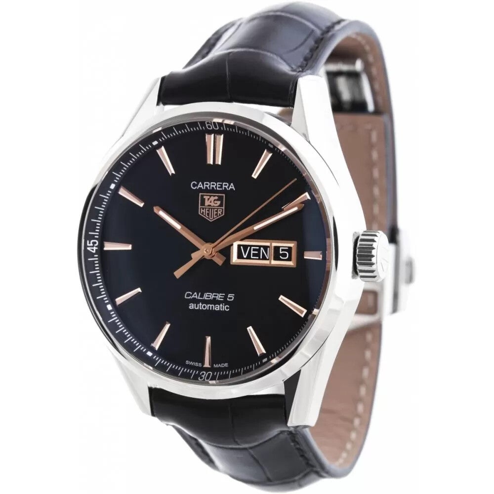 Tag Heuer Carrera Calibre 5 Automatic Black Dial Black Leather Strap Watch for Men - WAR201C.FC6266
