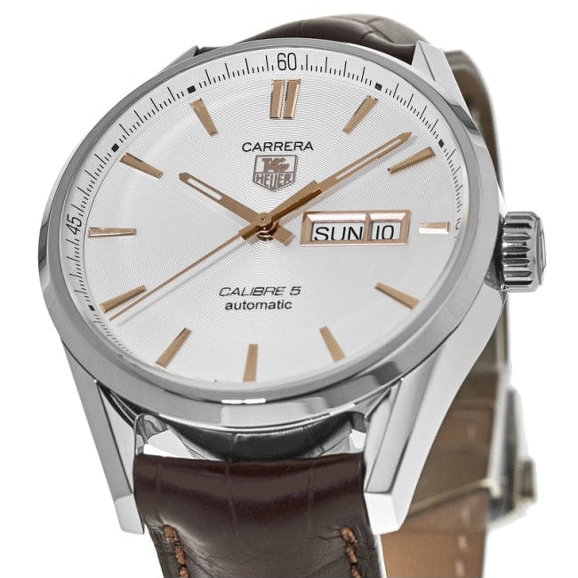Tag Heuer Carrera Calibre 5 Automatic White Dial Brown Leather Strap Watch for Men - WAR201D.FC6291
