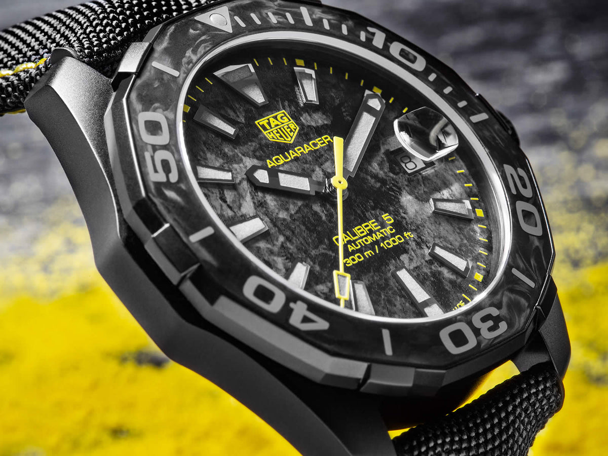 Tag Heuer Aquaracer Calibre 5 Black NATO Strap Carbon Dial Watch for Men - WBD218B.FC6446