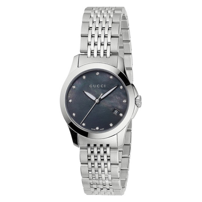 Gucci G Timeless Diamonds Mother of Pearl Black Dial Silver Steel Strap Watch For Women - YA126505