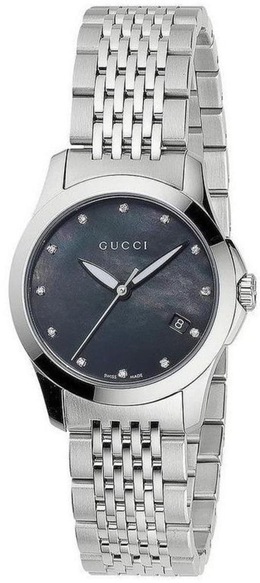 Gucci G Timeless Diamonds Mother of Pearl Black Dial Silver Steel Strap Watch For Women - YA126505