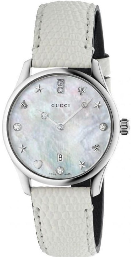 Gucci G-Timeless Mother of Pearl White Dial White Leather Strap Watch For Women - YA126597