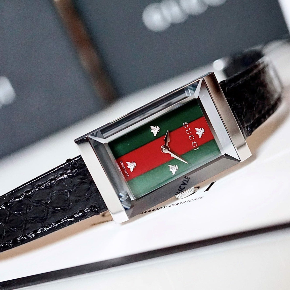 Gucci G-Frame Mother of Pearl Green & Red Dial Black Leather Strap Watch For Women - YA147403