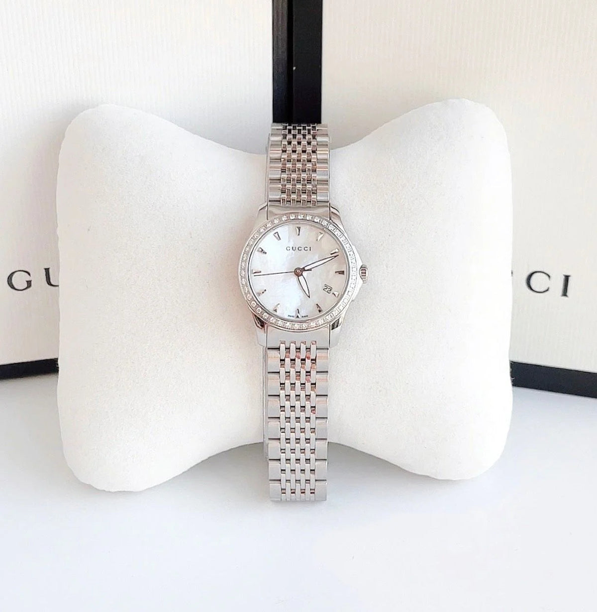 Gucci G Timeless Diamonds Mother of Pearl Dial Silver Steel Strap Watch For Women - YA126506